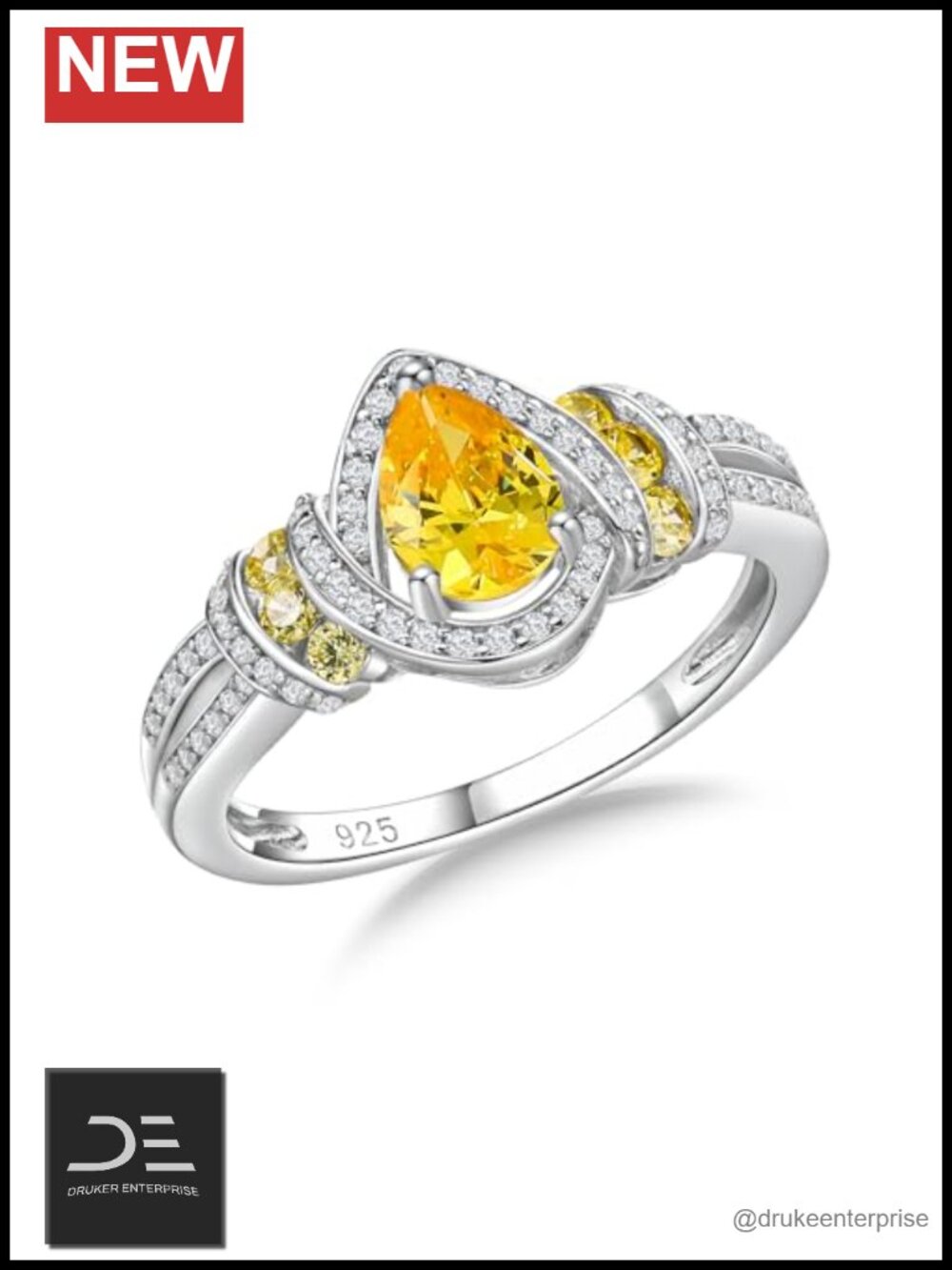 Sterling Silver Pear Citrine Engagement Ring Split Shank